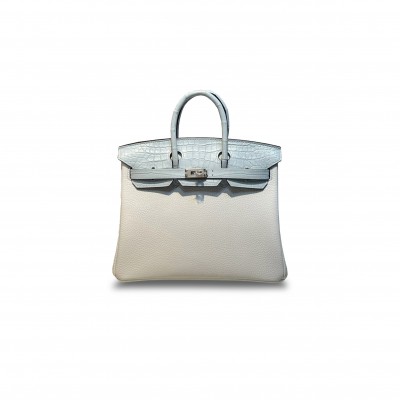 HERMÈS MASTER BIRKIN 25 CROCODILE AND TOGO LEATHER BREEZE BLUE SILVER BUCKLE H076216CK45 (25*20*13cm)